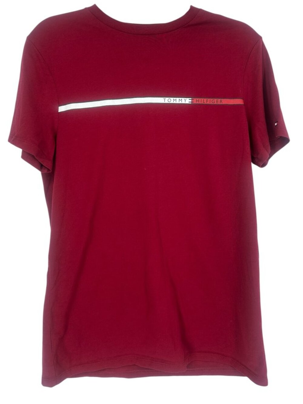 Tommy Hilfiger Men's T Shirt Small Burgundy Stripe Logo Cotton Casual Crewneck
